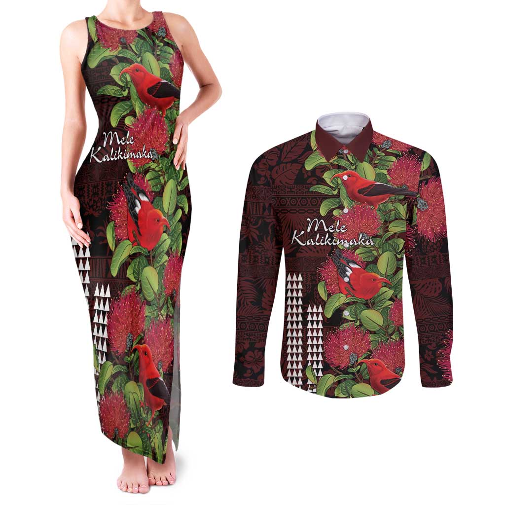 Hawaii Mele Kalikimaka Kakau Couples Matching Tank Maxi Dress and Long Sleeve Button Shirt I'iwi Bird on Ohia Lehua