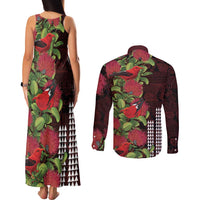 Hawaii Mele Kalikimaka Kakau Couples Matching Tank Maxi Dress and Long Sleeve Button Shirt I'iwi Bird on Ohia Lehua