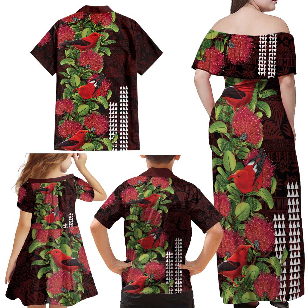 Hawaii Mele Kalikimaka Kakau Family Matching Off Shoulder Maxi Dress and Hawaiian Shirt I'iwi Bird on Ohia Lehua
