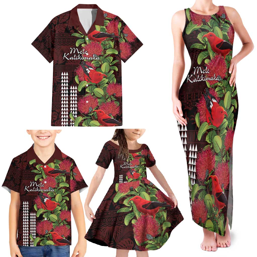 Hawaii Mele Kalikimaka Kakau Family Matching Tank Maxi Dress and Hawaiian Shirt I'iwi Bird on Ohia Lehua