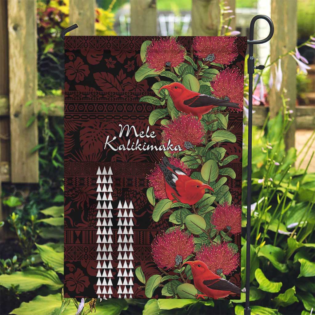 Hawaii Mele Kalikimaka Kakau Garden Flag I'iwi Bird on Ohia Lehua