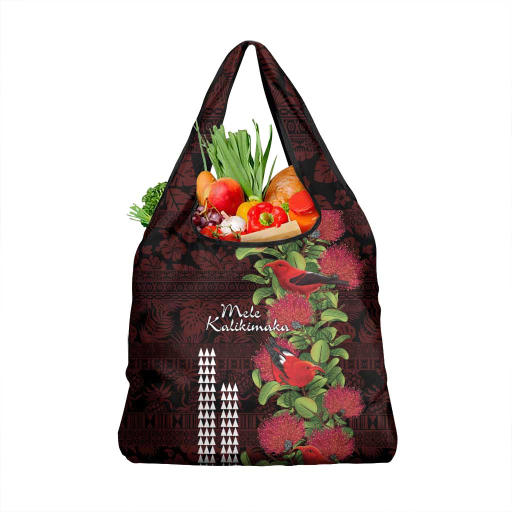 Hawaii Mele Kalikimaka Kakau Grocery Bag I'iwi Bird on Ohia Lehua