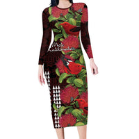 Hawaii Mele Kalikimaka Kakau Long Sleeve Bodycon Dress I'iwi Bird on Ohia Lehua LT7 Long Dress Black Red - Polynesian Pride