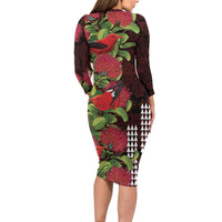 Hawaii Mele Kalikimaka Kakau Long Sleeve Bodycon Dress I'iwi Bird on Ohia Lehua LT7 - Polynesian Pride