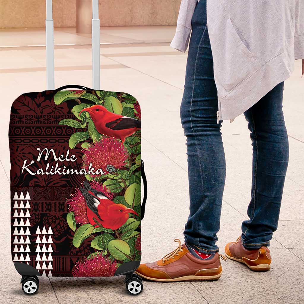 Hawaii Mele Kalikimaka Kakau Luggage Cover I'iwi Bird on Ohia Lehua