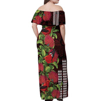 Hawaii Mele Kalikimaka Kakau Off Shoulder Maxi Dress I'iwi Bird on Ohia Lehua