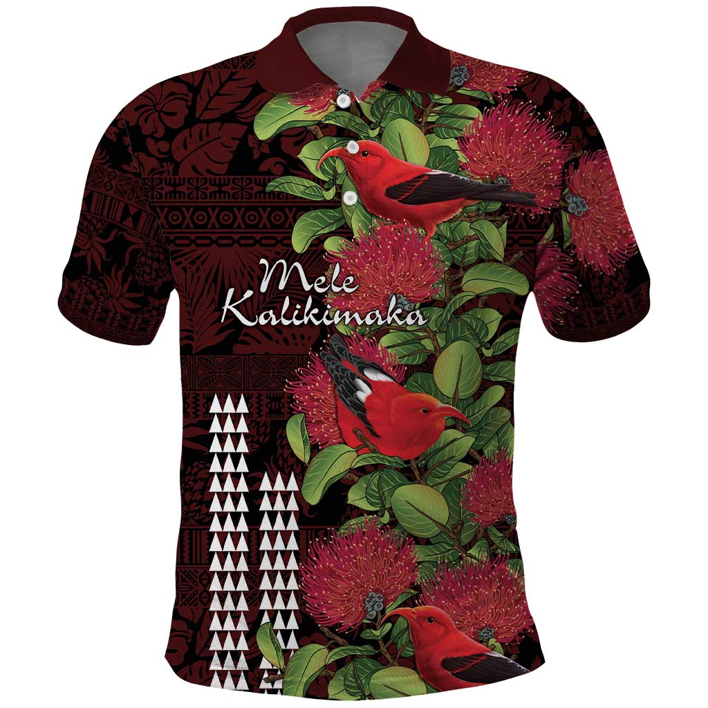 Hawaii Mele Kalikimaka Kakau Polo Shirt I'iwi Bird on Ohia Lehua
