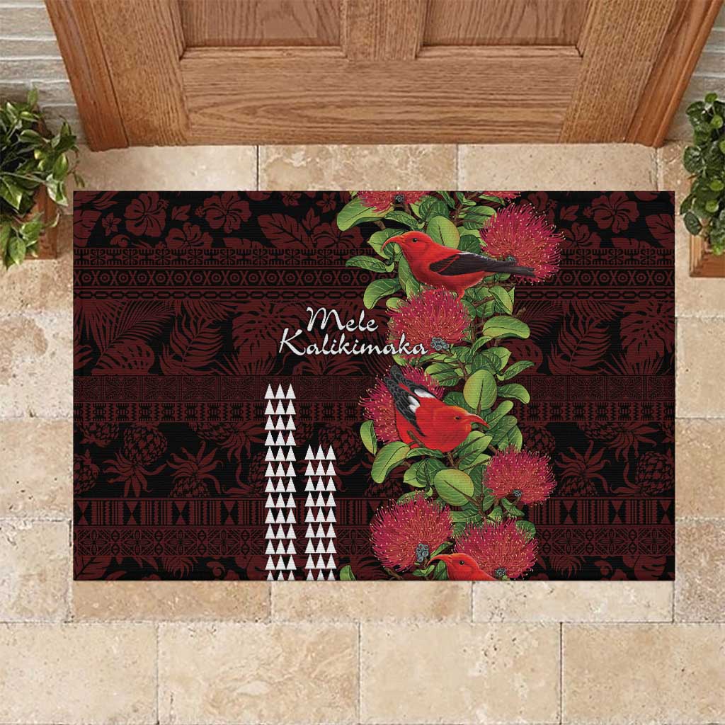 Hawaii Mele Kalikimaka Kakau Rubber Doormat I'iwi Bird on Ohia Lehua