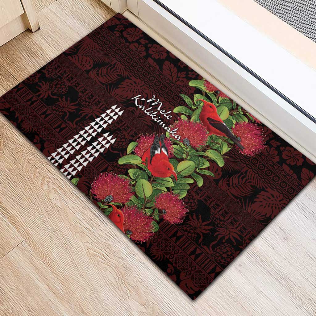 Hawaii Mele Kalikimaka Kakau Rubber Doormat I'iwi Bird on Ohia Lehua