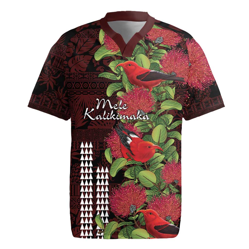 Hawaii Mele Kalikimaka Kakau Rugby Jersey I'iwi Bird on Ohia Lehua