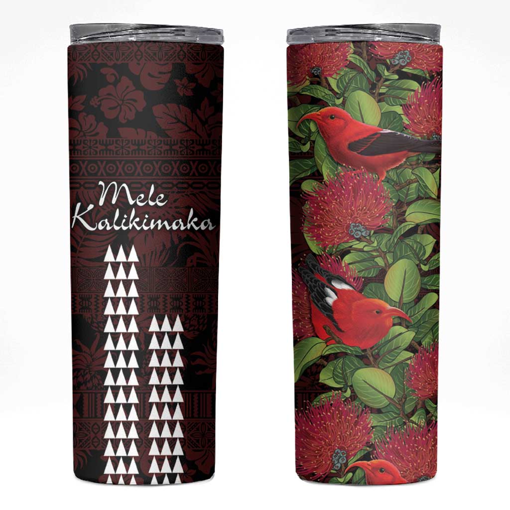 Hawaii Mele Kalikimaka Kakau Skinny Tumbler I'iwi Bird on Ohia Lehua