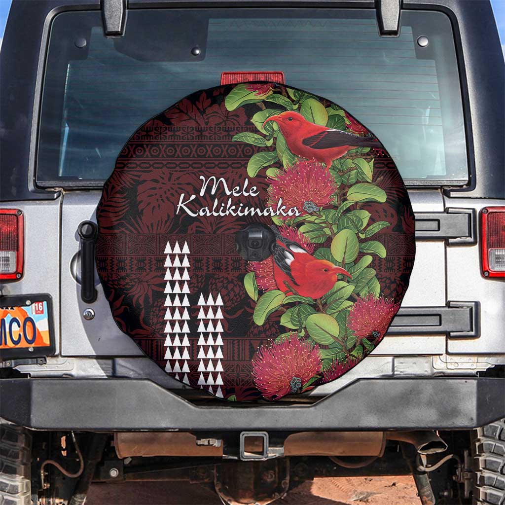 Hawaii Mele Kalikimaka Kakau Spare Tire Cover I'iwi Bird on Ohia Lehua