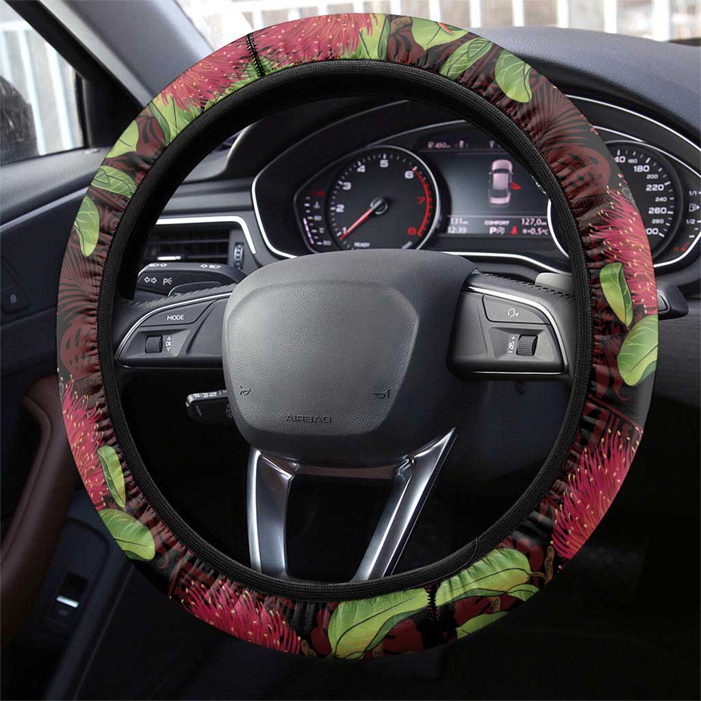 Hawaii Mele Kalikimaka Kakau Steering Wheel Cover I'iwi Bird on Ohia Lehua