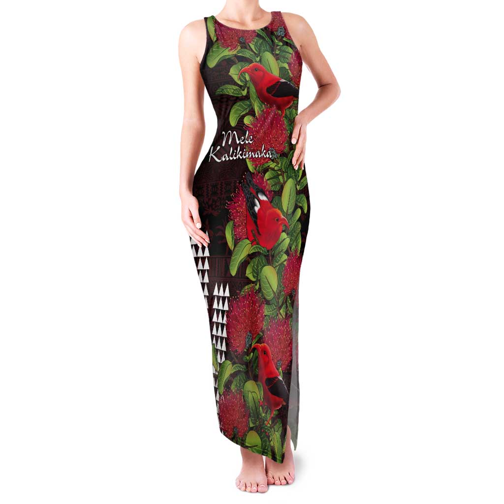 Hawaii Mele Kalikimaka Kakau Tank Maxi Dress I'iwi Bird on Ohia Lehua