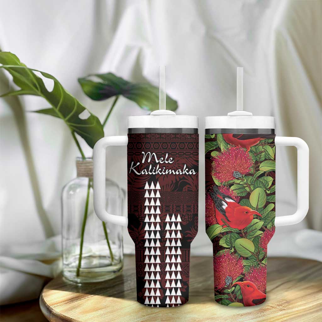 Hawaii Mele Kalikimaka Kakau Tumbler With Handle I'iwi Bird on Ohia Lehua