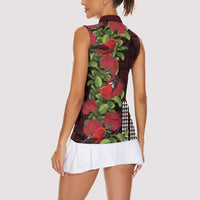 Hawaii Mele Kalikimaka Kakau Women Sleeveless Polo Shirt I'iwi Bird on Ohia Lehua
