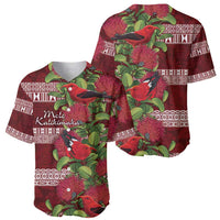 Hawaii Christmas Mele Kalikimaka Baseball Jersey I'iwi Bird on Ohia Lehua