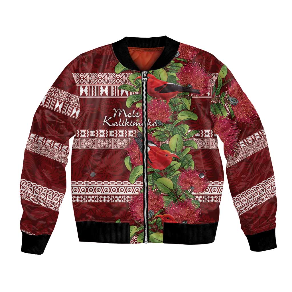 Hawaii Christmas Mele Kalikimaka Bomber Jacket I'iwi Bird on Ohia Lehua LT7 Unisex Red White - Polynesian Pride