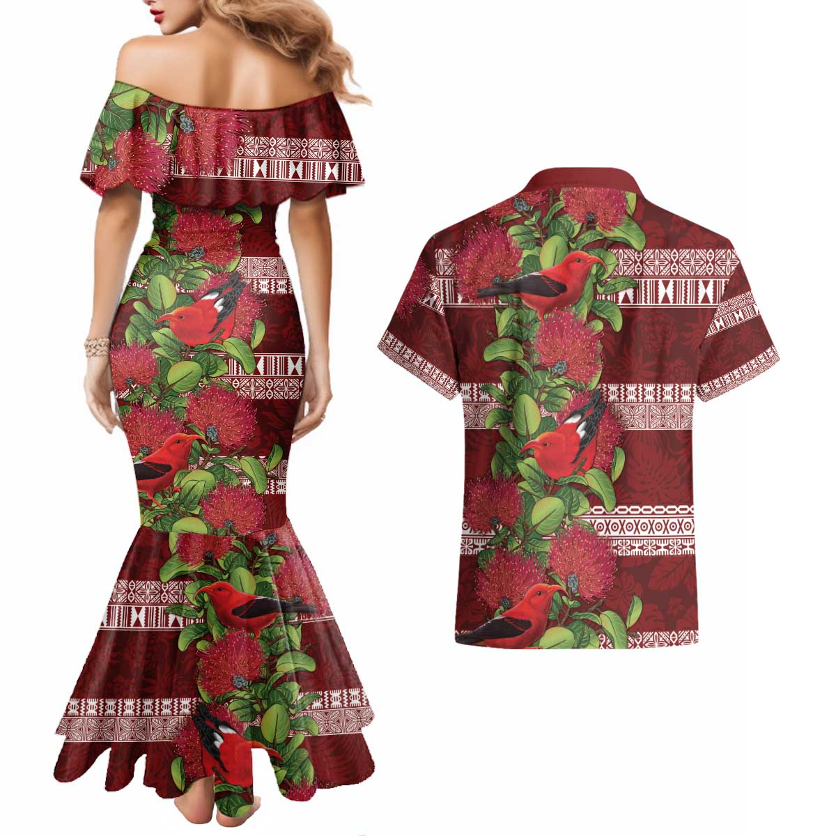 Hawaii Christmas Mele Kalikimaka Couples Matching Mermaid Dress and Hawaiian Shirt I'iwi Bird on Ohia Lehua LT7 - Polynesian Pride