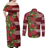 Hawaii Christmas Mele Kalikimaka Couples Matching Off Shoulder Maxi Dress and Long Sleeve Button Shirt I'iwi Bird on Ohia Lehua LT7 - Polynesian Pride