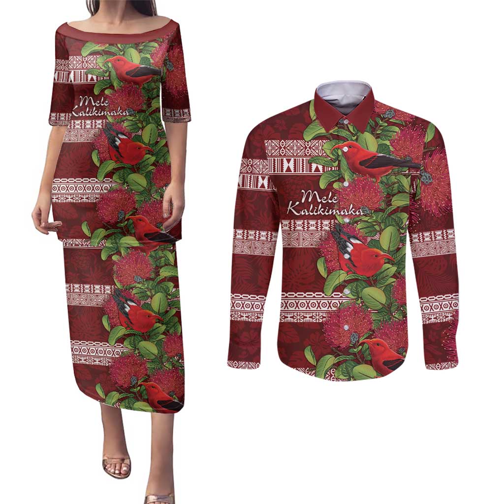 Hawaii Christmas Mele Kalikimaka Couples Matching Puletasi and Long Sleeve Button Shirt I'iwi Bird on Ohia Lehua LT7 Red White - Polynesian Pride