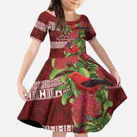 Hawaii Christmas Mele Kalikimaka Family Matching Long Sleeve Bodycon Dress and Hawaiian Shirt I'iwi Bird on Ohia Lehua LT7 Daughter's Dress Red White - Polynesian Pride