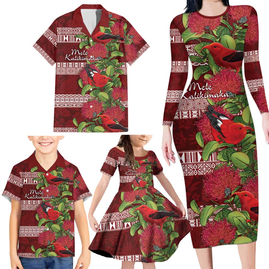 Hawaii Christmas Mele Kalikimaka Family Matching Long Sleeve Bodycon Dress and Hawaiian Shirt I'iwi Bird on Ohia Lehua