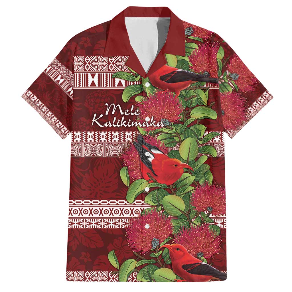 Hawaii Christmas Mele Kalikimaka Family Matching Long Sleeve Bodycon Dress and Hawaiian Shirt I'iwi Bird on Ohia Lehua LT7 Dad's Shirt - Short Sleeve Red White - Polynesian Pride