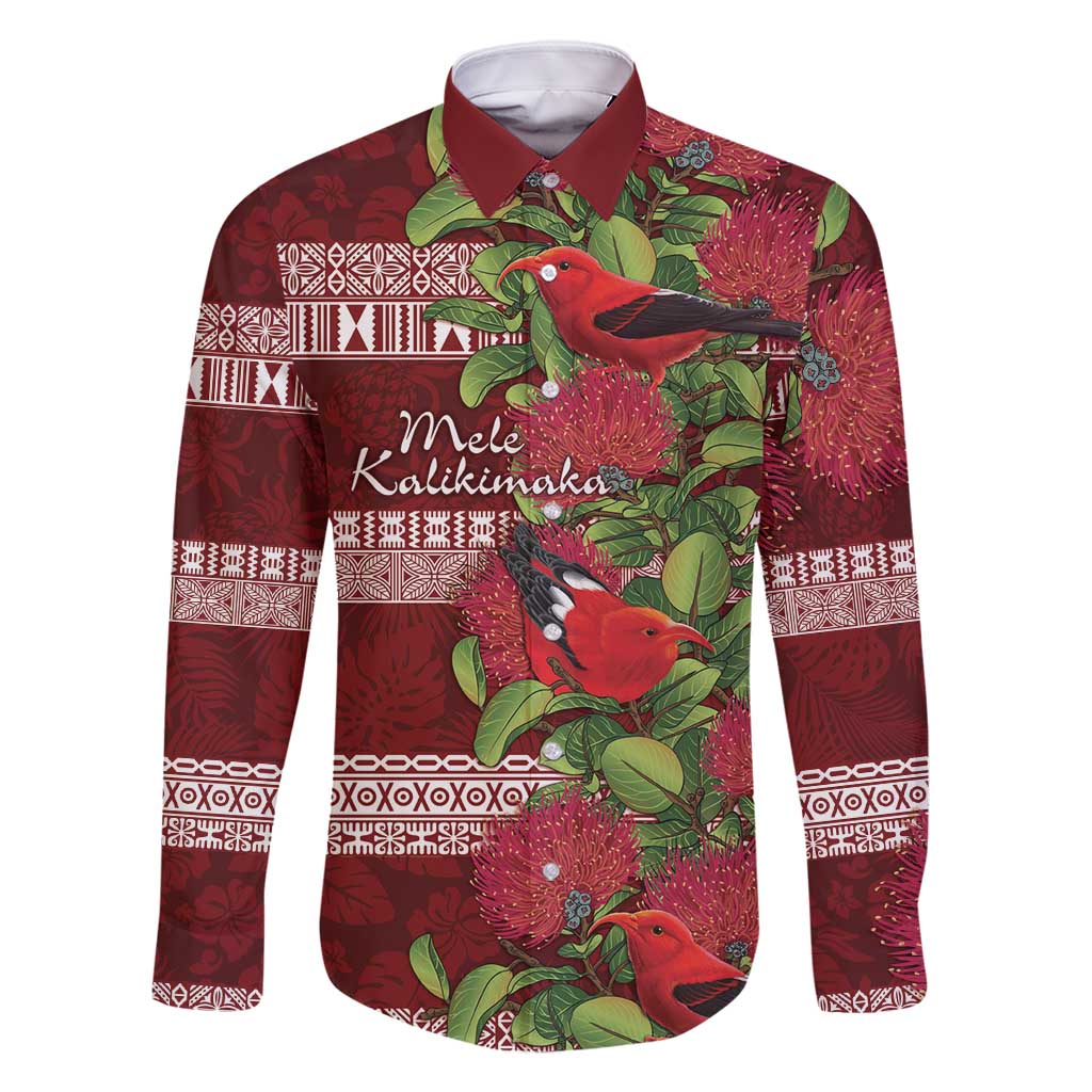 Hawaii Christmas Mele Kalikimaka Family Matching Long Sleeve Bodycon Dress and Hawaiian Shirt I'iwi Bird on Ohia Lehua LT7 Dad's Shirt - Long Sleeve Red White - Polynesian Pride