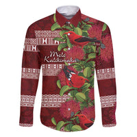 Hawaii Christmas Mele Kalikimaka Family Matching Long Sleeve Bodycon Dress and Hawaiian Shirt I'iwi Bird on Ohia Lehua LT7 Dad's Shirt - Long Sleeve Red White - Polynesian Pride