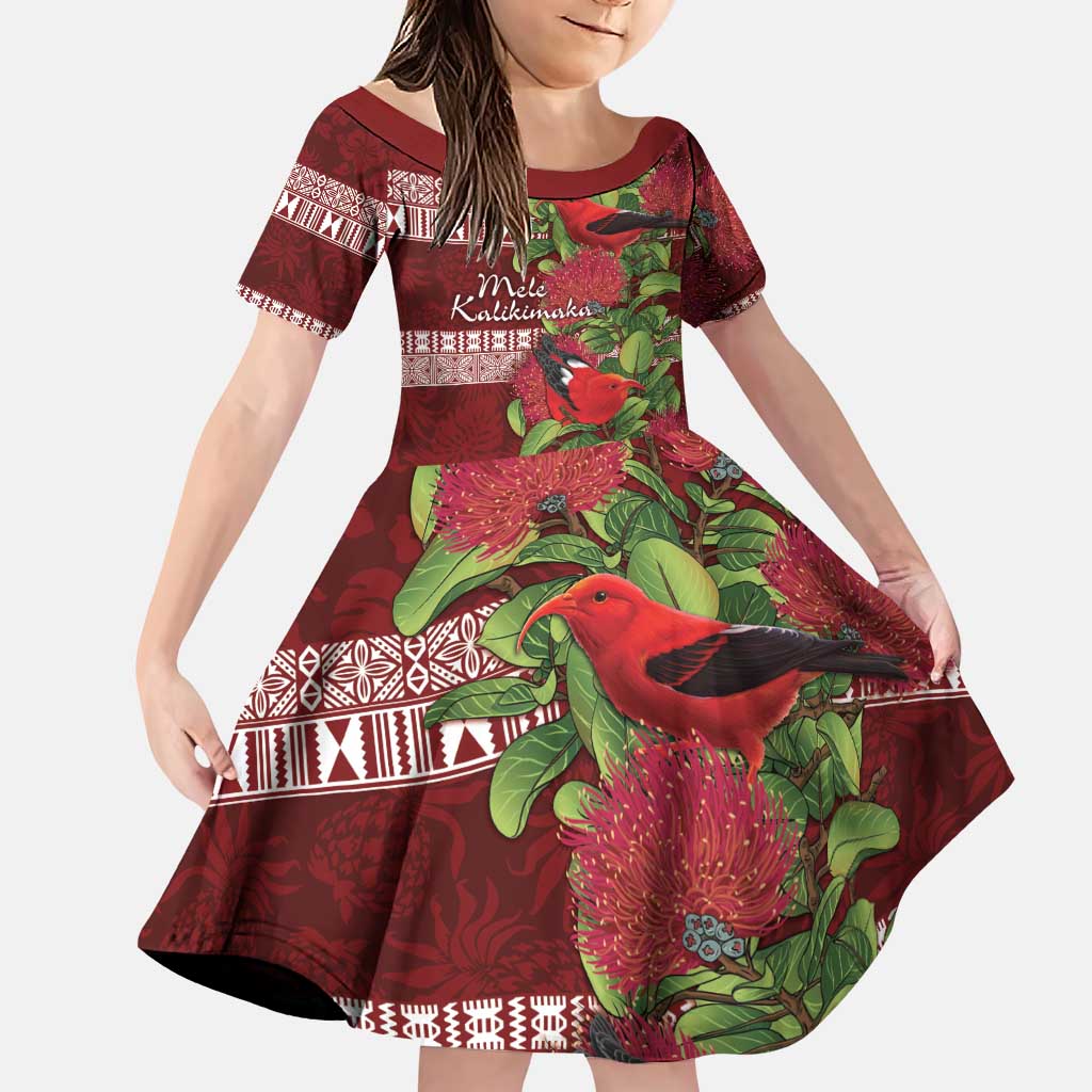 Hawaii Christmas Mele Kalikimaka Family Matching Puletasi and Hawaiian Shirt I'iwi Bird on Ohia Lehua LT7 Daughter's Dress Red White - Polynesian Pride