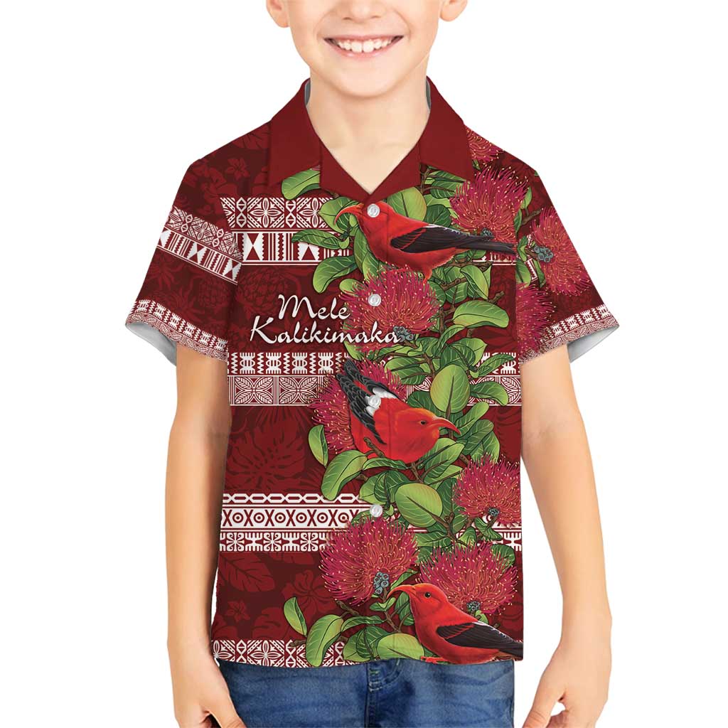 Hawaii Christmas Mele Kalikimaka Family Matching Puletasi and Hawaiian Shirt I'iwi Bird on Ohia Lehua LT7 Son's Shirt Red White - Polynesian Pride