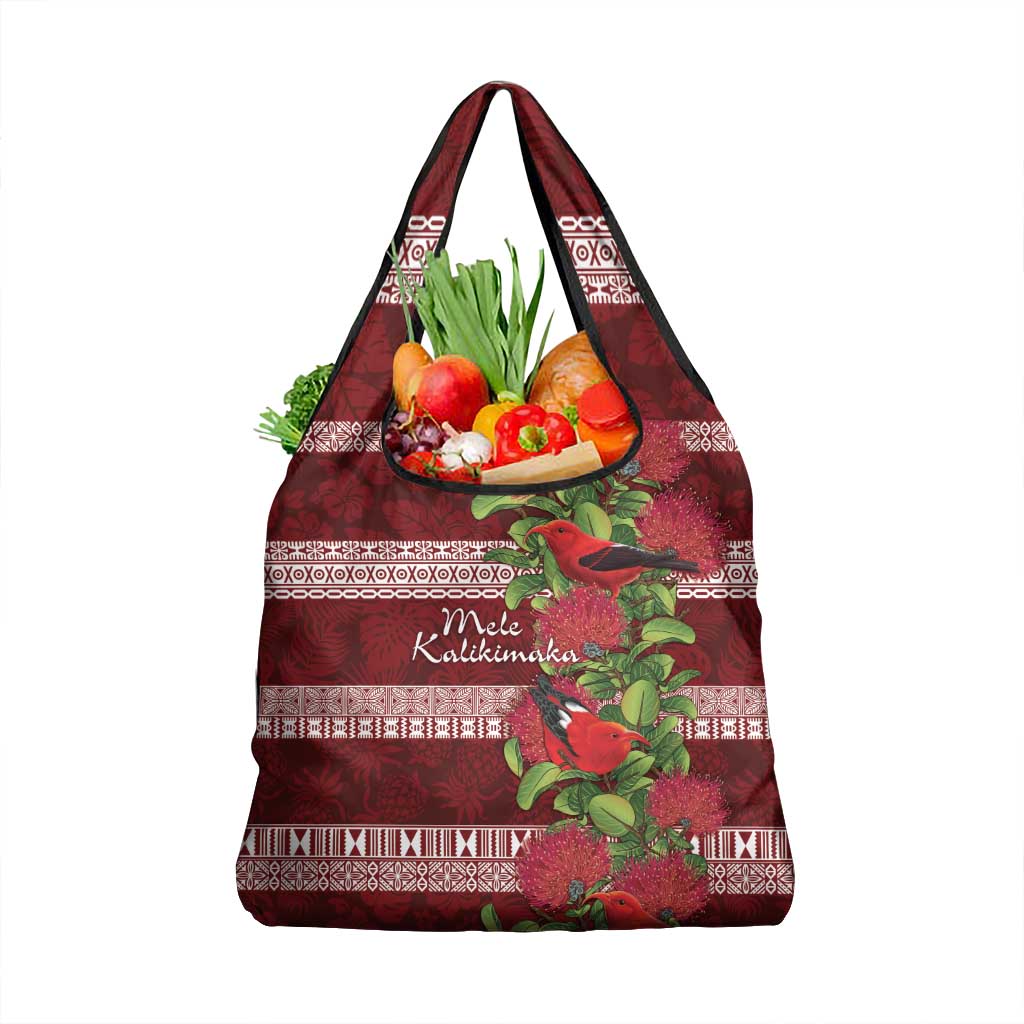 Hawaii Christmas Mele Kalikimaka Grocery Bag I'iwi Bird on Ohia Lehua