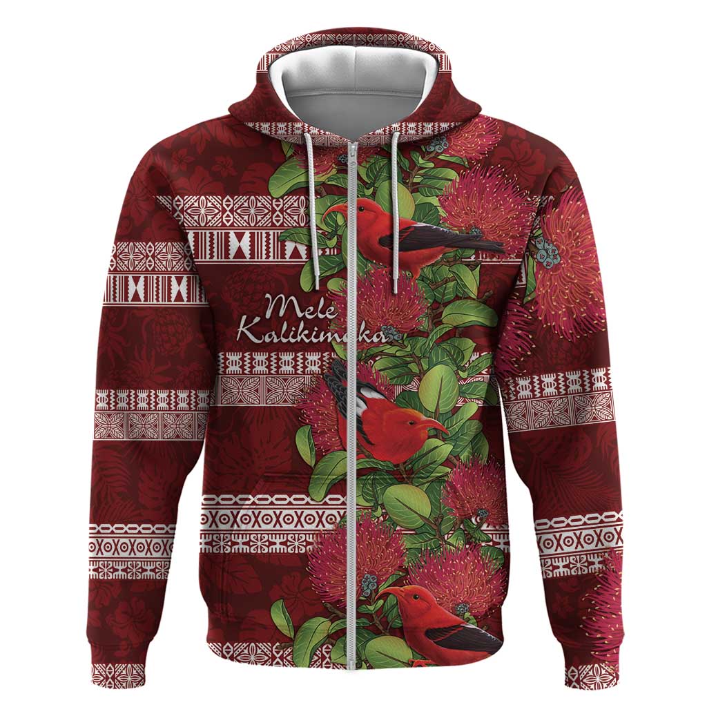 Hawaii Christmas Mele Kalikimaka Hoodie I'iwi Bird on Ohia Lehua