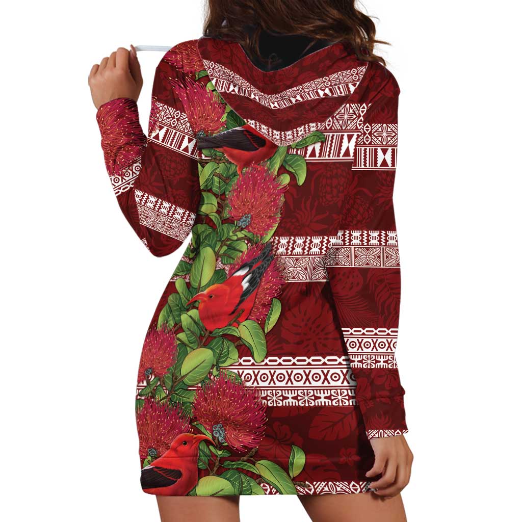 Hawaii Christmas Mele Kalikimaka Hoodie Dress I'iwi Bird on Ohia Lehua