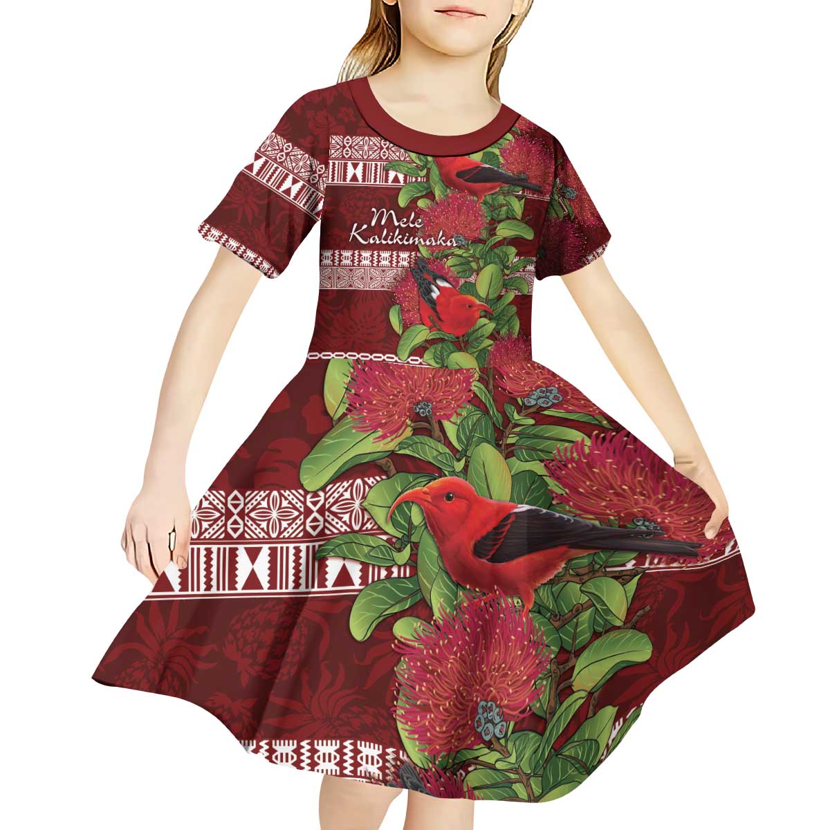 Hawaii Christmas Mele Kalikimaka Kid Short Sleeve Dress I'iwi Bird on Ohia Lehua