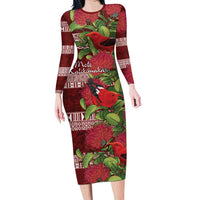 Hawaii Christmas Mele Kalikimaka Long Sleeve Bodycon Dress I'iwi Bird on Ohia Lehua LT7 Long Dress Red White - Polynesian Pride