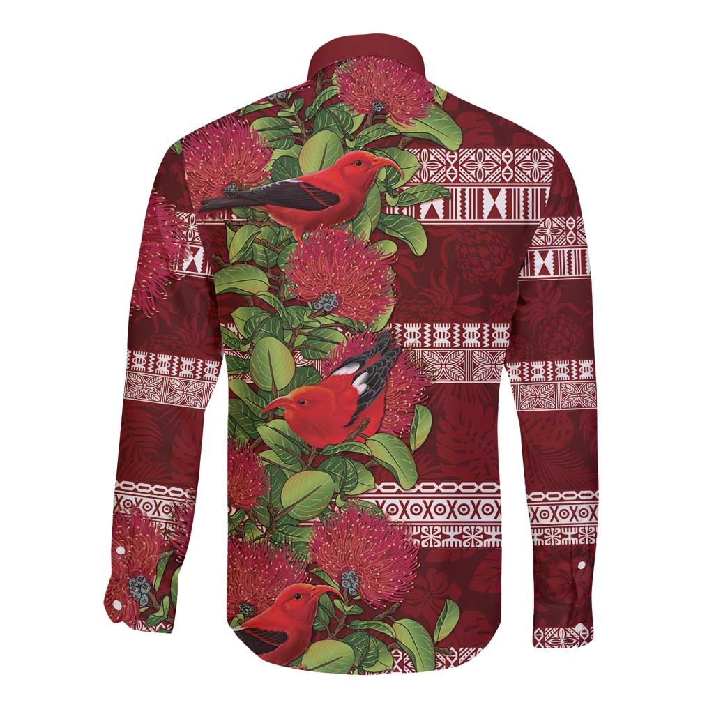 Hawaii Christmas Mele Kalikimaka Long Sleeve Button Shirt I'iwi Bird on Ohia Lehua