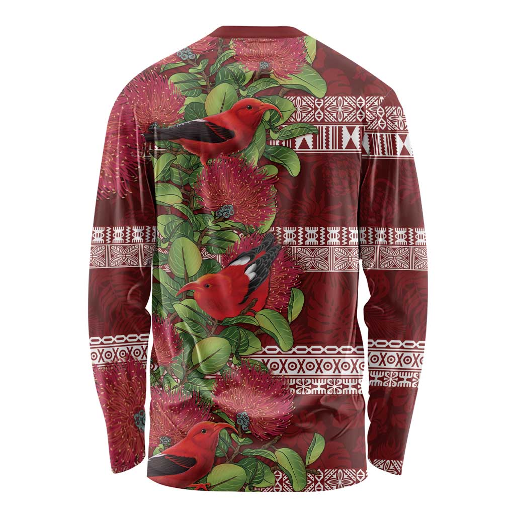 Hawaii Christmas Mele Kalikimaka Long Sleeve Shirt I'iwi Bird on Ohia Lehua
