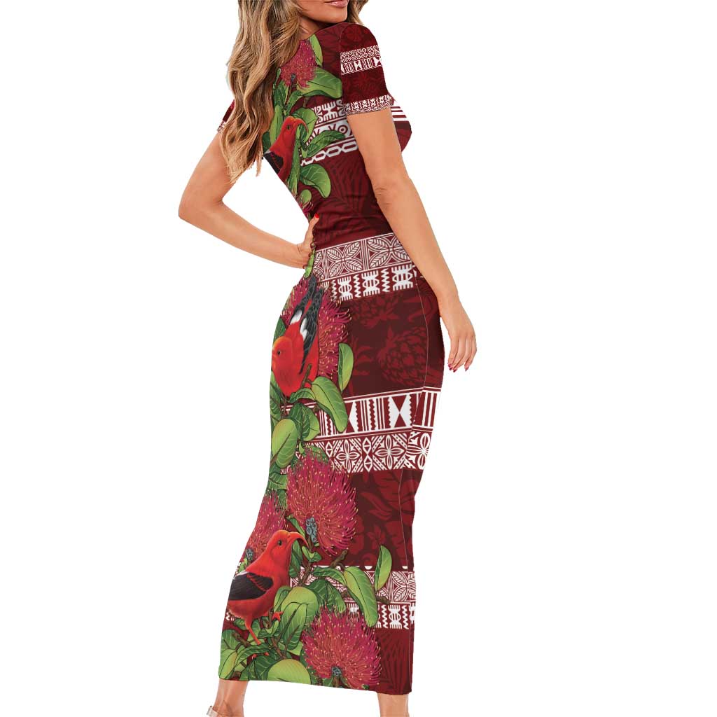 Hawaii Christmas Mele Kalikimaka Short Sleeve Bodycon Dress I'iwi Bird on Ohia Lehua LT7 - Polynesian Pride