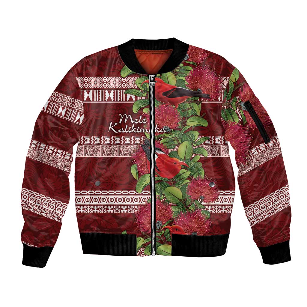 Hawaii Christmas Mele Kalikimaka Sleeve Zip Bomber Jacket I'iwi Bird on Ohia Lehua LT7 Unisex Red White - Polynesian Pride
