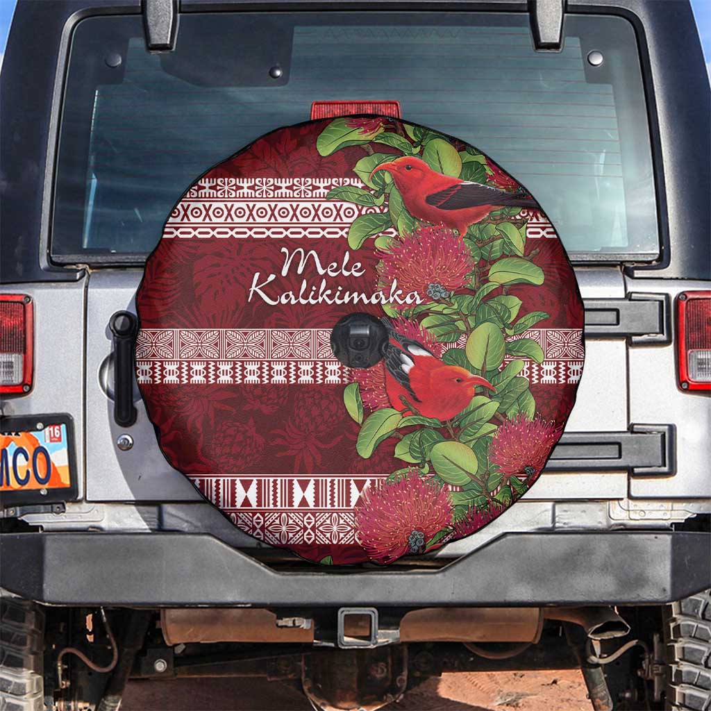 Hawaii Christmas Mele Kalikimaka Spare Tire Cover I'iwi Bird on Ohia Lehua