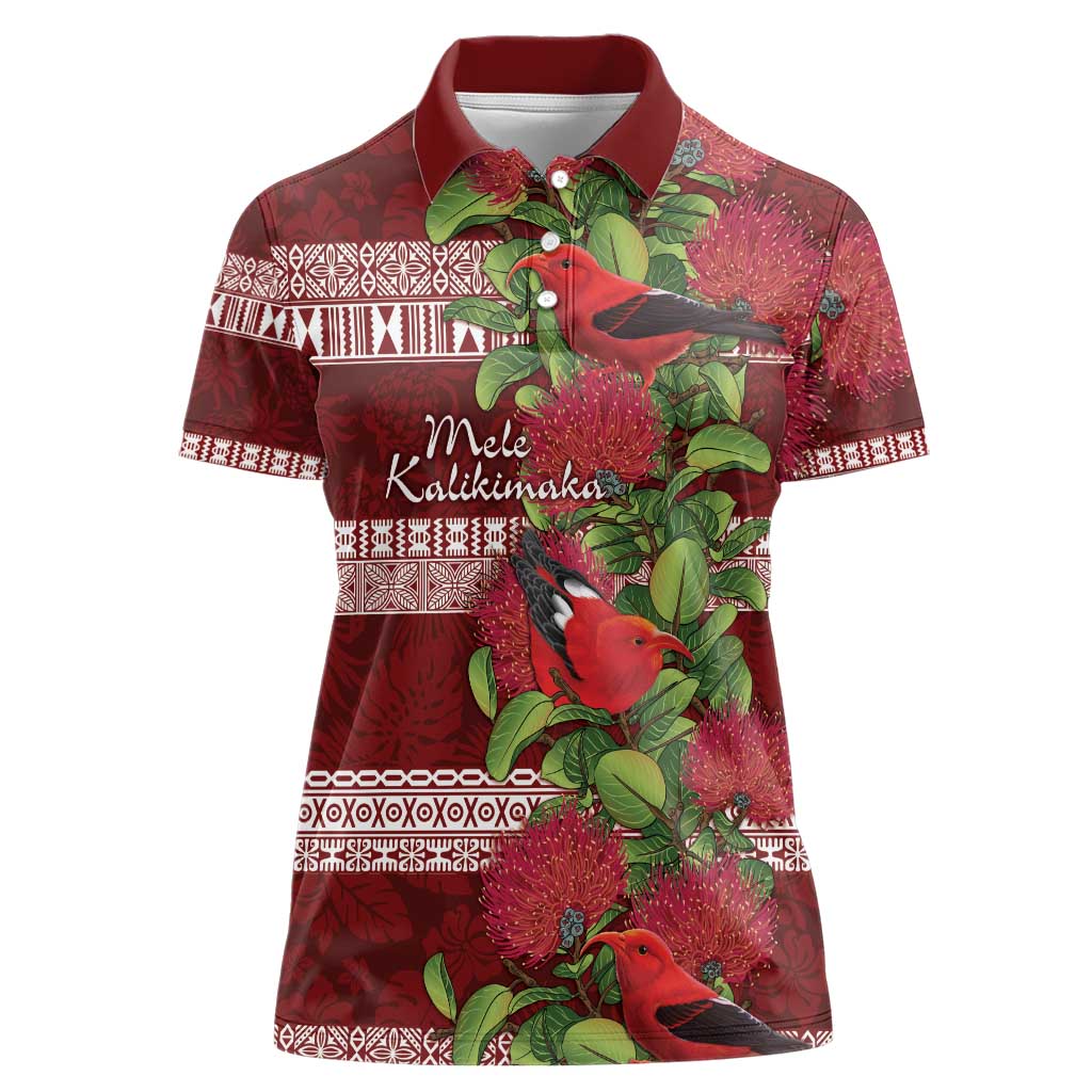 Hawaii Christmas Mele Kalikimaka Women Polo Shirt I'iwi Bird on Ohia Lehua LT7 Female Red White - Polynesian Pride