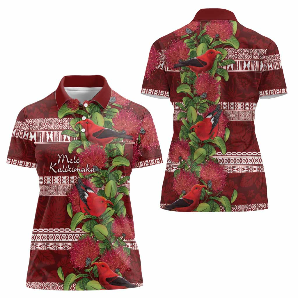 Hawaii Christmas Mele Kalikimaka Women Polo Shirt I'iwi Bird on Ohia Lehua LT7 - Polynesian Pride