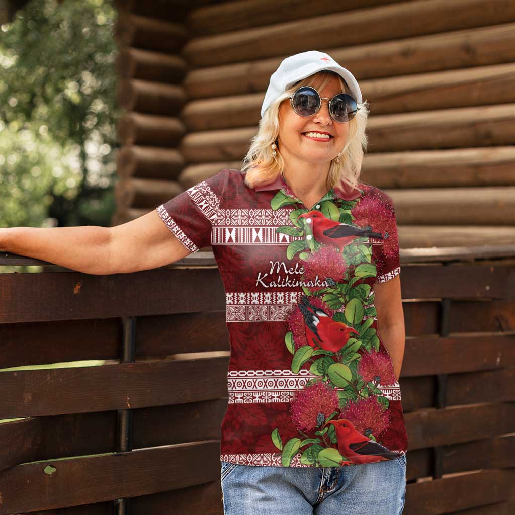Hawaii Christmas Mele Kalikimaka Women Polo Shirt I'iwi Bird on Ohia Lehua LT7 - Polynesian Pride