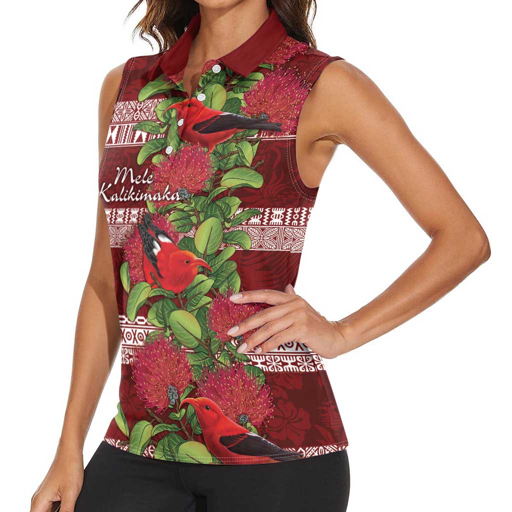 Hawaii Christmas Mele Kalikimaka Women Sleeveless Polo Shirt I'iwi Bird on Ohia Lehua LT7 - Polynesian Pride