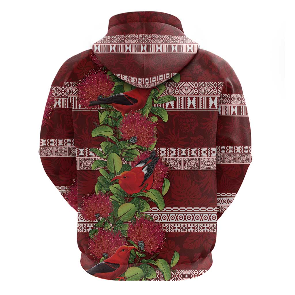 Hawaii Christmas Mele Kalikimaka Zip Hoodie I'iwi Bird on Ohia Lehua