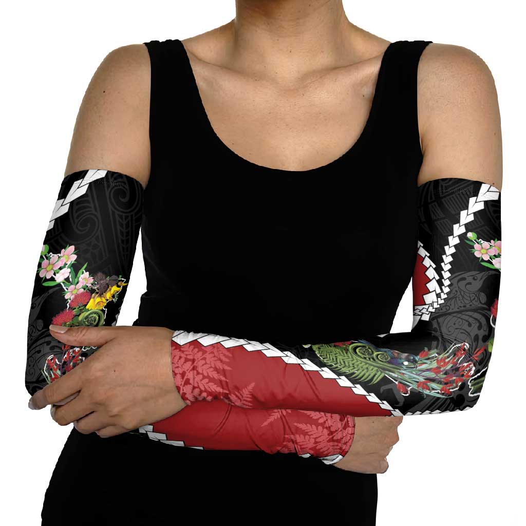 New Zealand Christmas Arm Sleeves Flora Map with Birds - Polynesian Pride