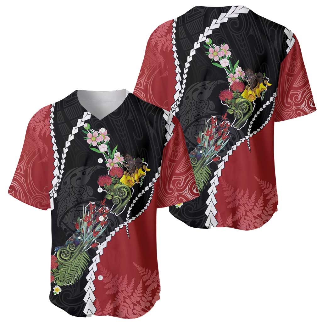 New Zealand Christmas Baseball Jersey Flora Map with Birds - Polynesian Pride