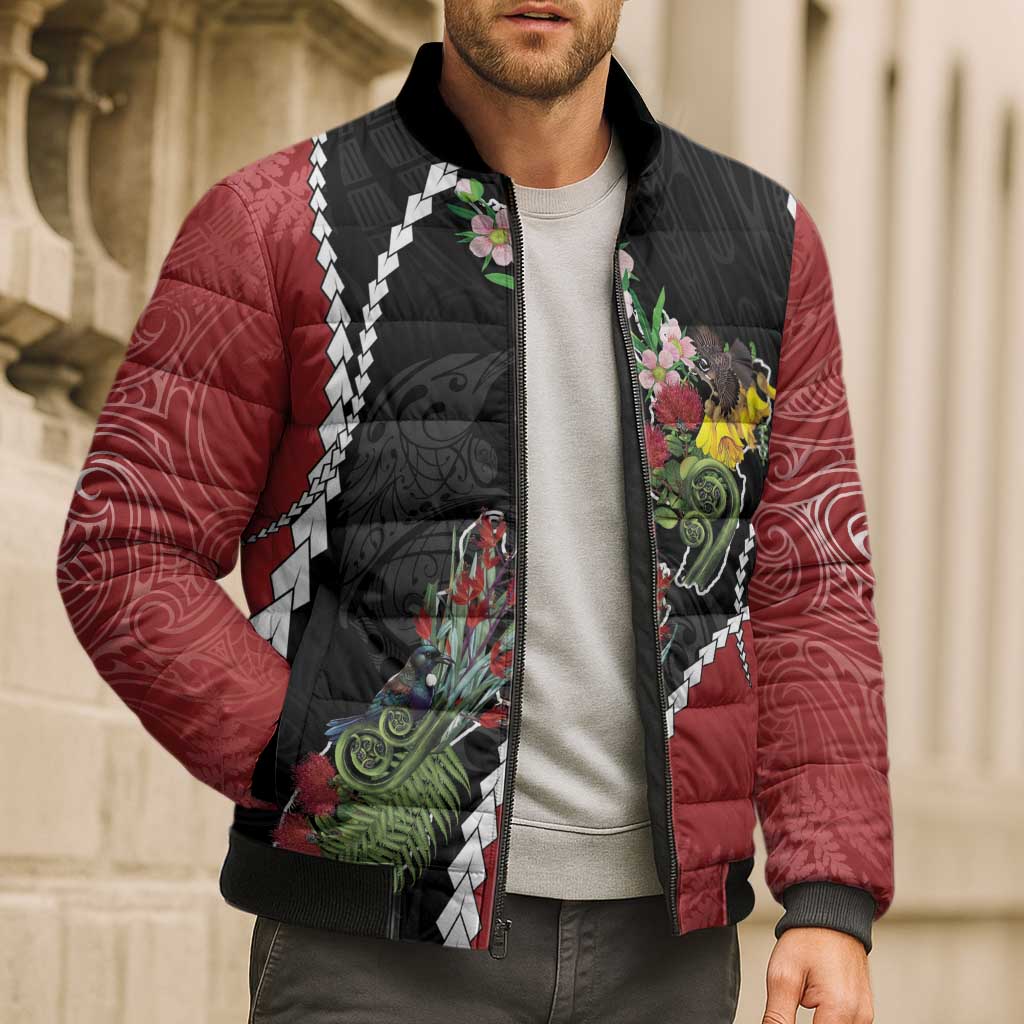 New Zealand Christmas Bomber Puffer Jacket Flora Map with Birds - Polynesian Pride